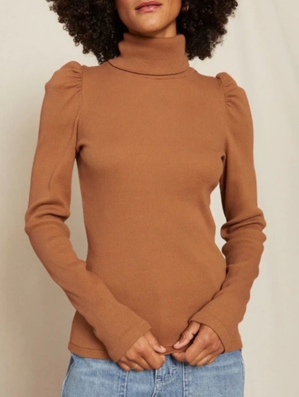 AMO Puff Sleeve Ribbed Turtleneck Sepia Brown Sz Small